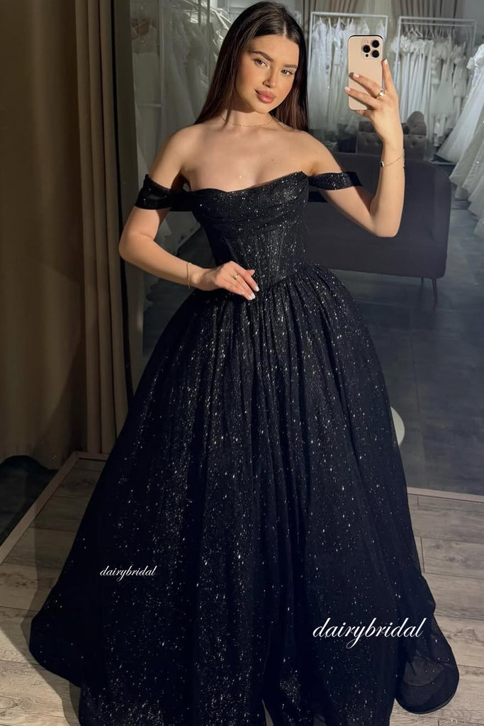Sparkle Black Off Shoulder Long Backless Prom Dresses, DB106
