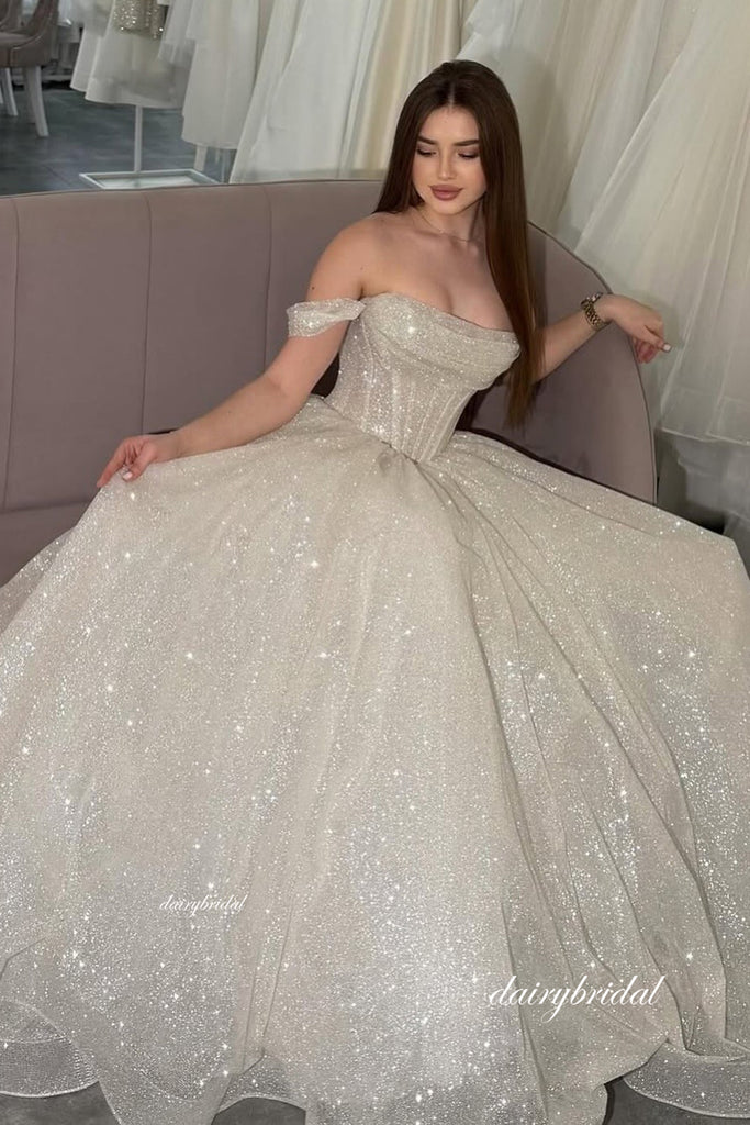New Sparkle A-line Off Shoulder White Backless Prom Dresses, DB107