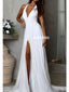 Custom Made Simple A-line Chiffon Slit Deep V-neck Backless Wedding Dresses, FC2558