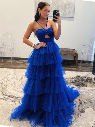 Royal Blue Sweetheart A-line Backless Tulle Long Dresses, FC7045