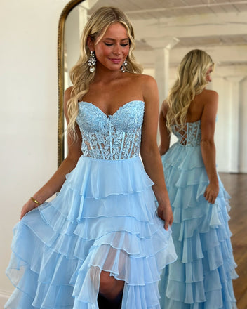Simple A-line Blue Lace Sweetheart Backless Chiffon Long Prom Dresses, FC7050