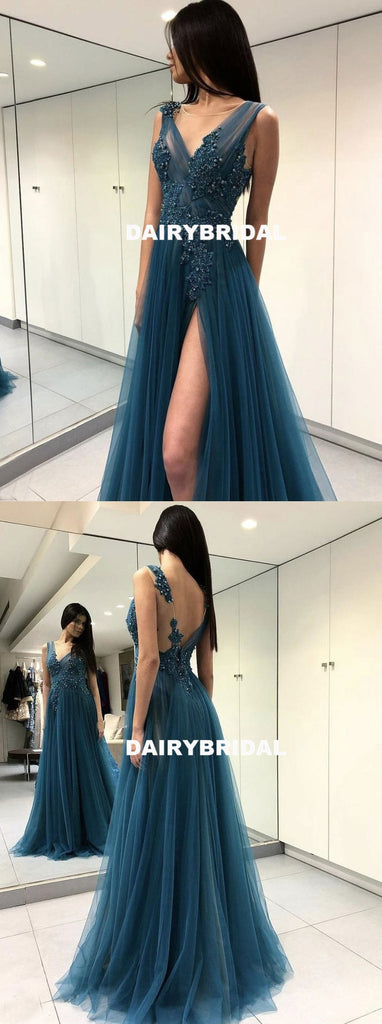 Charming Tulle A-Line Slit Backless Beaded Sleeveless Prom Dresses, D1067