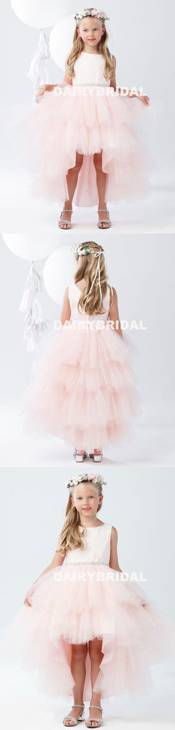 Pink High-Low Tulle Lace Top Flower Girl Dresses, Lovely Tutu Dresses,  D1141