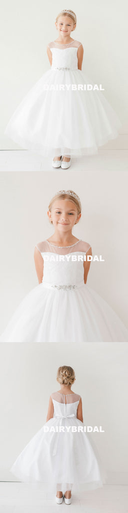 Lace Top Tulle Flower Girl Dresses, Popular Little Girl Dresses with Beaded Belt, D1147