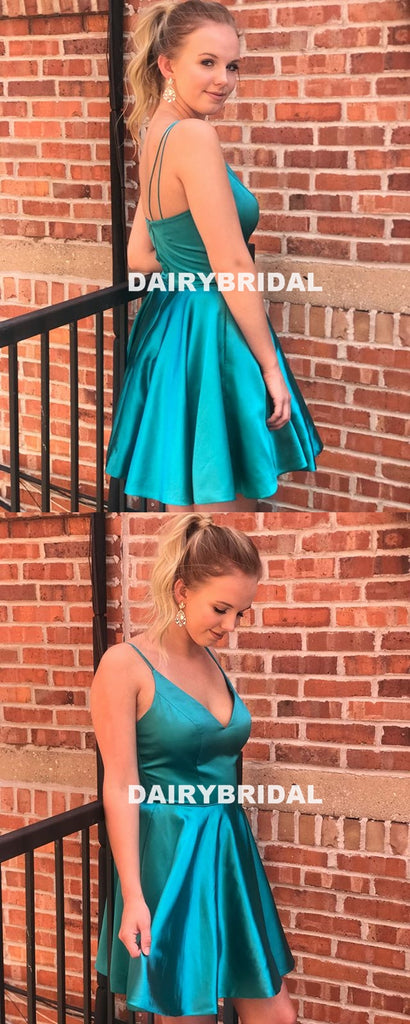 Spaghetti Straps Backless V-Neck Homecoming Dress, Cheap Satin A-Line Homecoming Dress, D1279