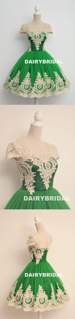 Green Lace Popular Homecoming Dress, Cap Sleeve Tulle A-Line Homecoming Dress, D1324