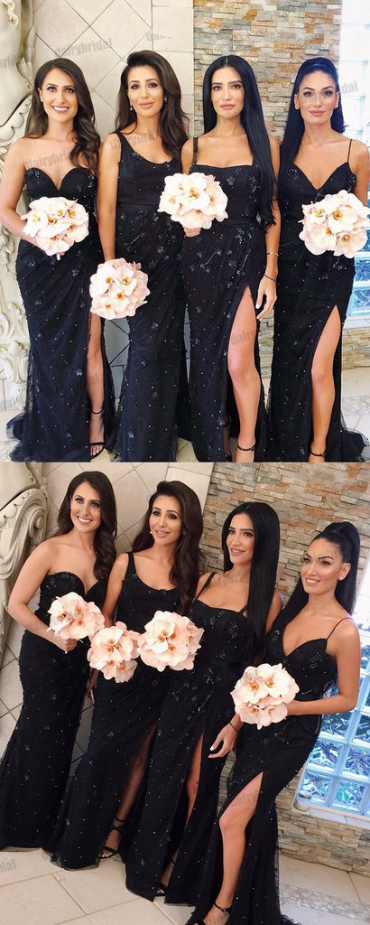 Mismatched Black Mermaid Sexy Slit Beaded Floor-Length Bridesmaid Dresses, D1353