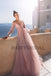 Long Sleeve Tulle Prom Dress, Pink A-Line Lace Prom Dress, Elegant Applique Prom Dress, D18