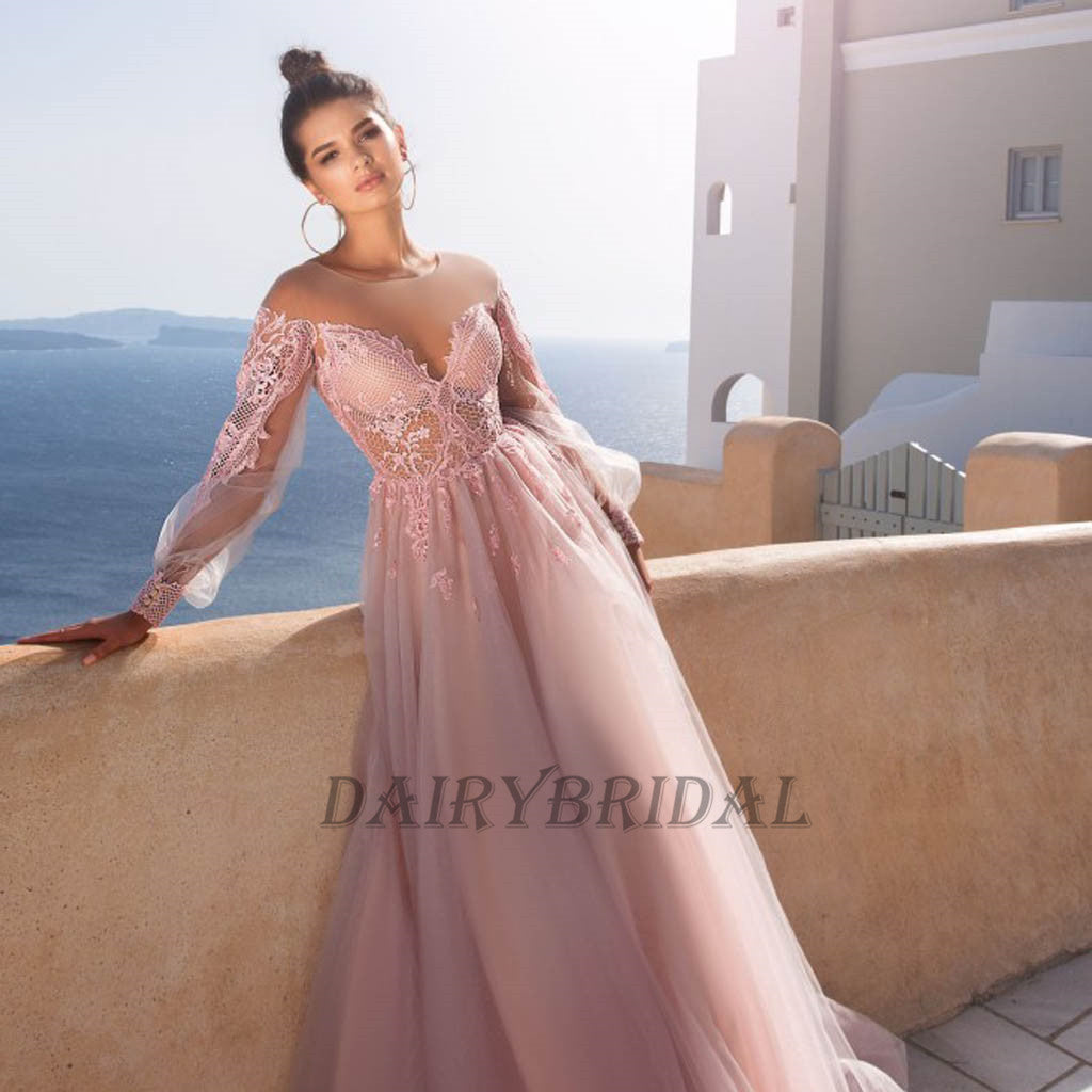 Long Sleeve Tulle Prom Dress, Pink A-Line Lace Prom Dress, Elegant Applique Prom Dress, D18