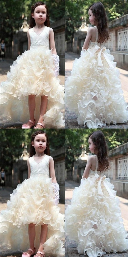 V-neck Hi-low Ivory Flower Girl Dresses, Cute Cheap Tutu Dresses, FG014