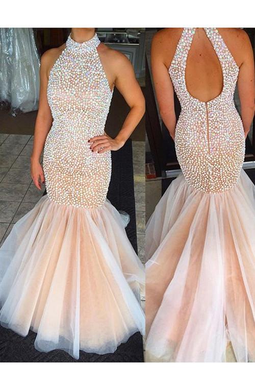 Tulle Mermaid Evening Prom Dress, Long Cheap Evening Prom Dress, Pearls Prom Dress, 2017 Prom Dress, Formal Prom Dress, 17020