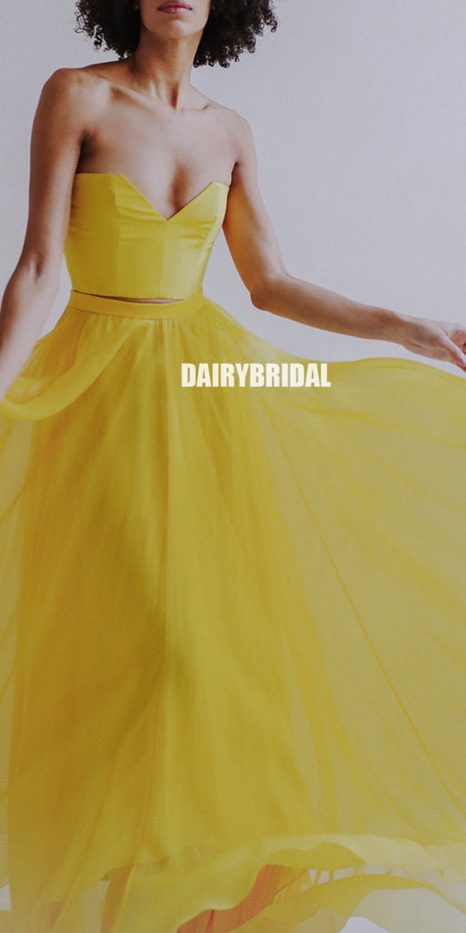 Yellow A-line Two Pieces Backless Charming Prom Dresses, FC2379