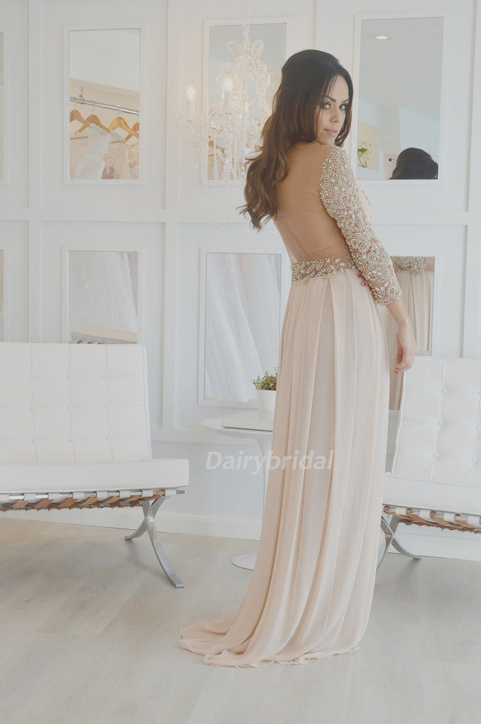 Beaded Party Dresses, Long Sleeve Prom Dress, Chiffon Prom Dress, See Through Prom Dress, D25