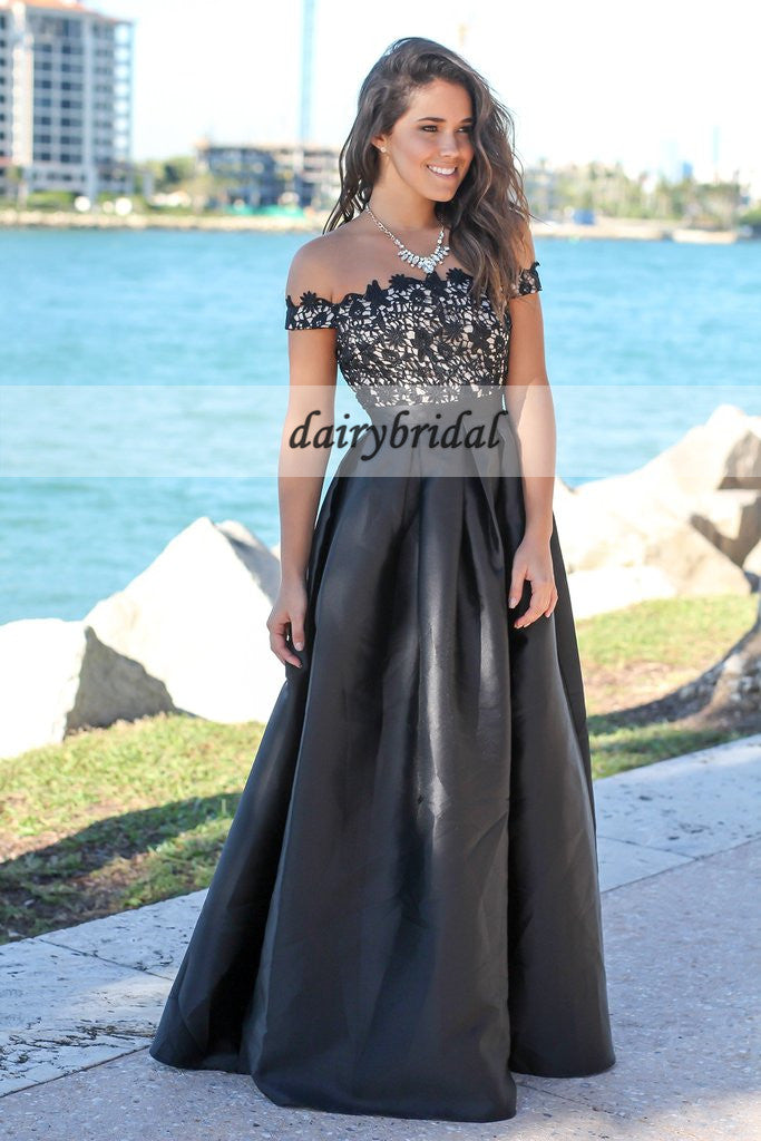 Off the Shoulder Satin Prom Dress, Charming A-Line Lace Prom Dress, D264