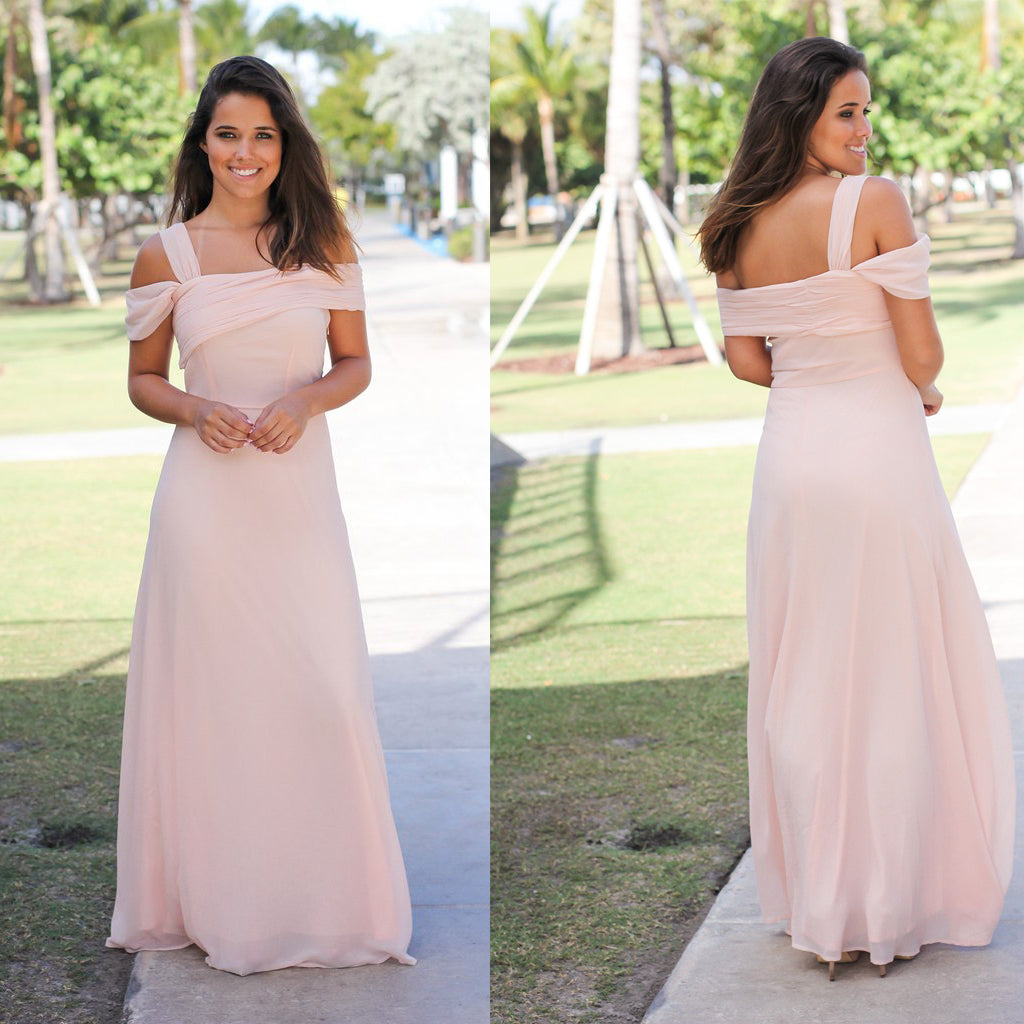 Chiffon Off-Shoulder Bridesmaid Dress, Pink Maxi Bridesmaid Dress, D265