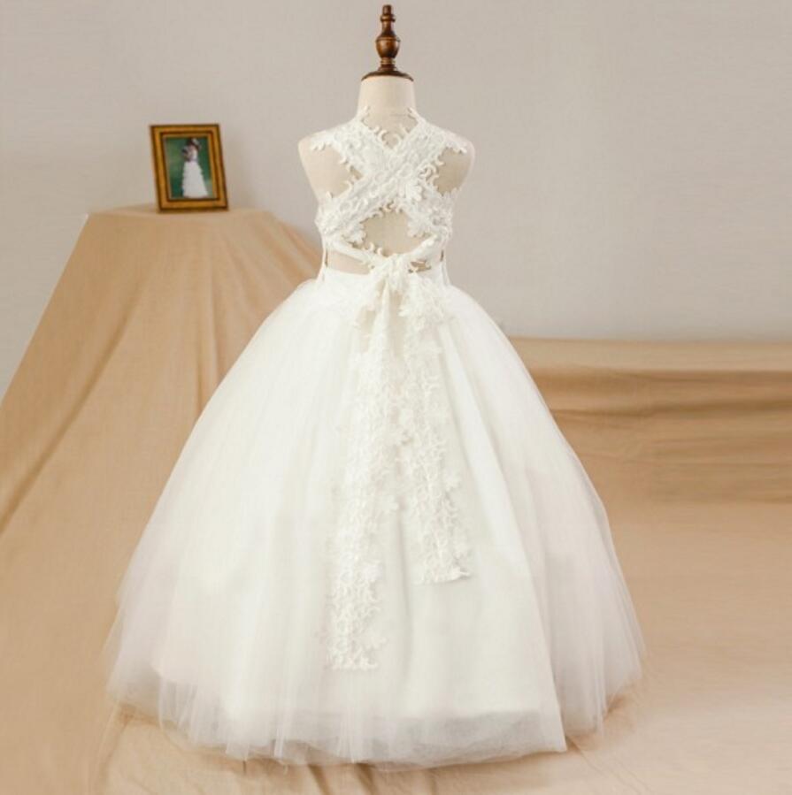 Vintage Princess Square Neck Sleeveless Criss-Cross Back Lace Flower Girl Dresses, FGS031