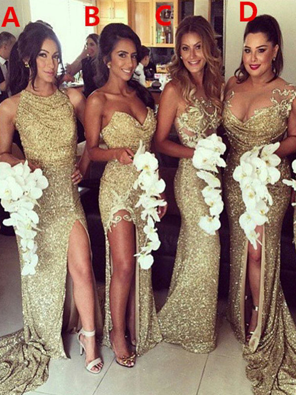 Sexy Mismatched Sequin Mermaid Bridesmaid Dress, Most Popular Slit Bridesmaid Dress, D325