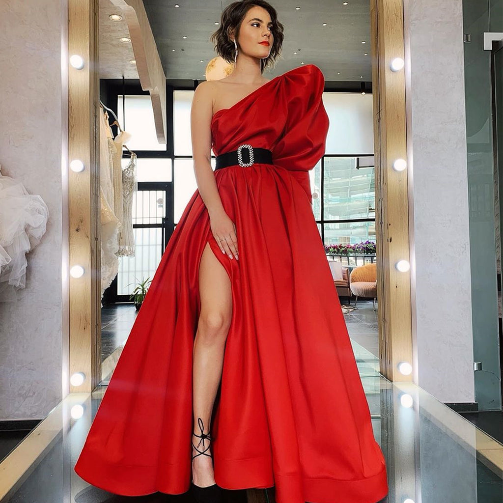 Red A-line Satin One Shoulder Half Sleeve Slit Prom Dresses, FC3762