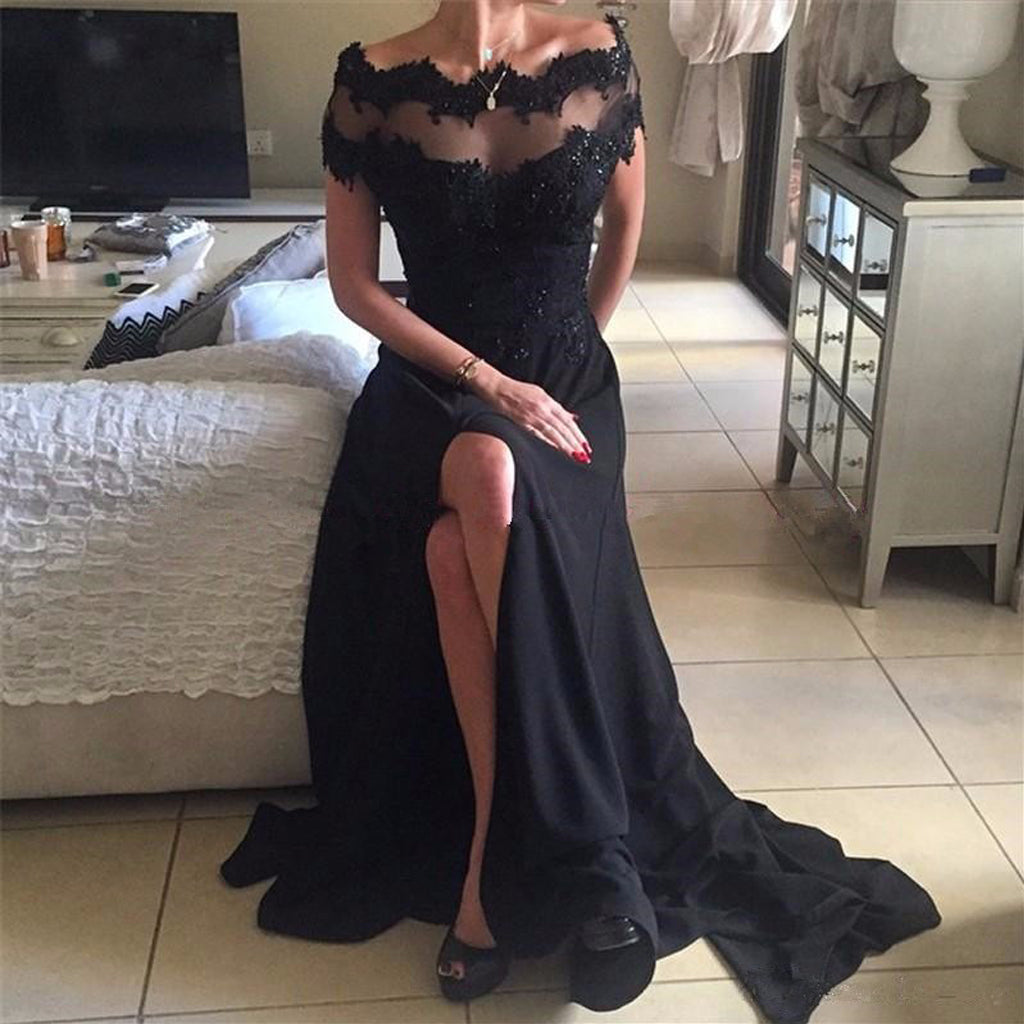 Off Shoulder Lace Prom Dress, Jersey Beaded Prom Dress, Slit Prom Dress, D379