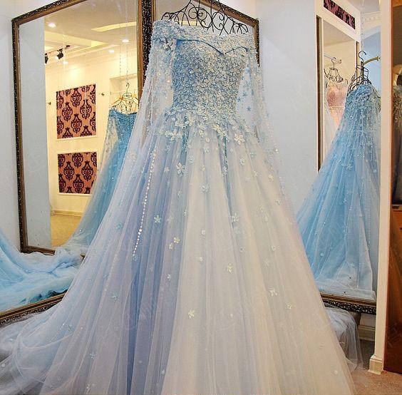 High Quality Charming Blue Off the Shoulder Applique Lace Wedding Dresses with Long Train,220038