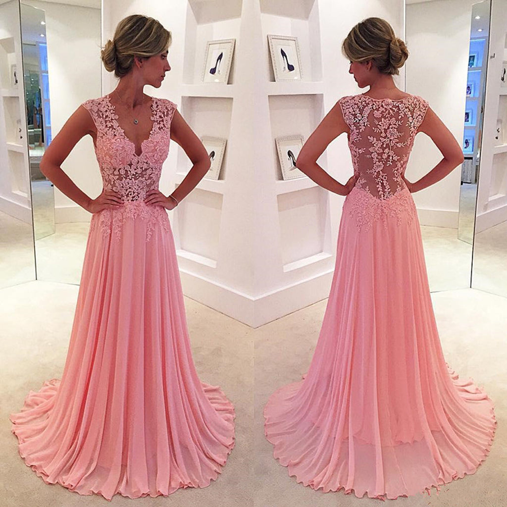 Pink Lace Prom Dress, Applique Chiffon Prom Dress, Sexy A-Line Prom Dress, D388