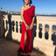 Red One Shoulder Mermaid Simple Jersey Slit Long Prom Dresses, FC3992