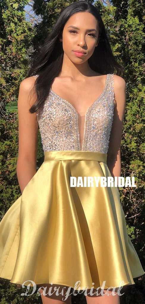 A-line Yellw Satin Backless Sequin Sleeveless Homecoming Dress, FC4013