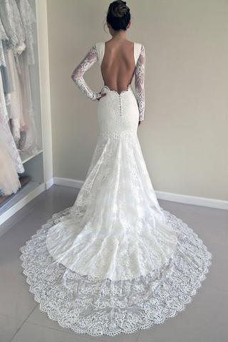 Sexy Full Sleeve Open Back Beautiful Affordable Lace Wedding Dresses with Short Train,220042