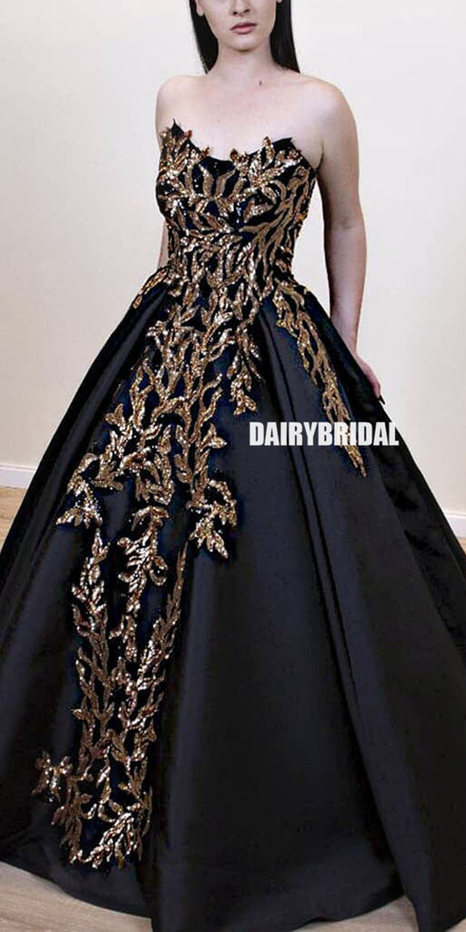 Black Satin A-line Backless Applique Charming Prom Dresses, FC4200