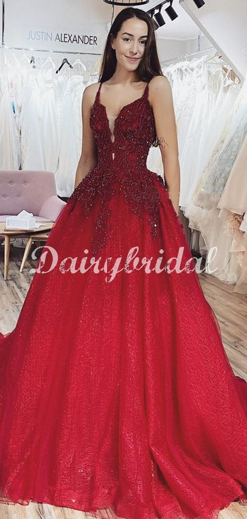 Red A-line Tulle Gorgeous Backless Beaded Sleeveless Applique Long Prom Dresses, FC4285