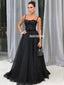 Sparkle Black Sequin Spaghetti Straps Gorgeous A-Line Prom Dresses, FC4297