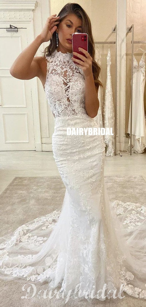 Sexy Mermaid Lace Sleeveless Open-Back Wedding Dresses, FC4311