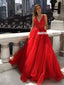 Red Charming A-line Tulle V-neck Sleeveless Appliques Prom Dresses, FC4471