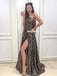 A-line One Shoulder Backless Beaded Slit Leopard Print Unique Prom Dresses, FC4562