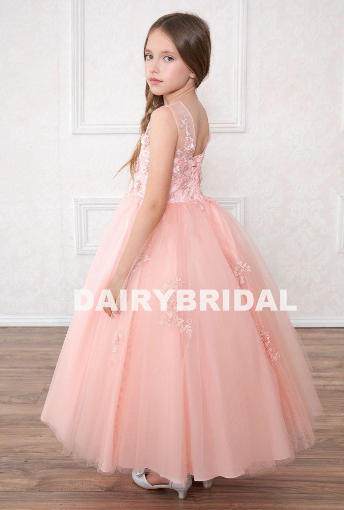 Tulle Applique Flower Girl Dresses, Round Neckline Flower Lovely Little Girl Dresses, D489