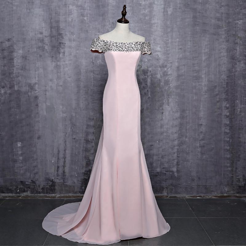 Hot Sale Off Shoulder Floor-Length Pink Beaded  Sequins Long Mermaid Bridesmaid Dresses Wedding Party Dresses,220049