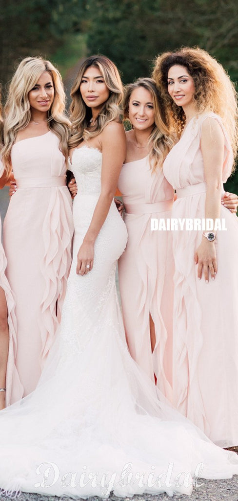 Newest A-line Pink One Shoulder Slit Long Bridesmaid Dress, FC4906