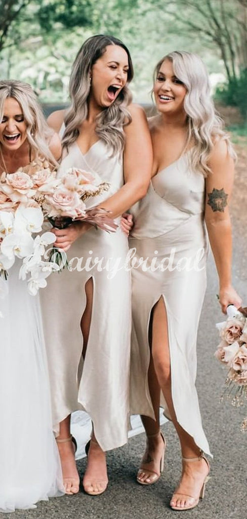 Gorgeous Spaghetti Straps Sexy Slit Deep V-Neck Bridesmaid Dress, FC5037