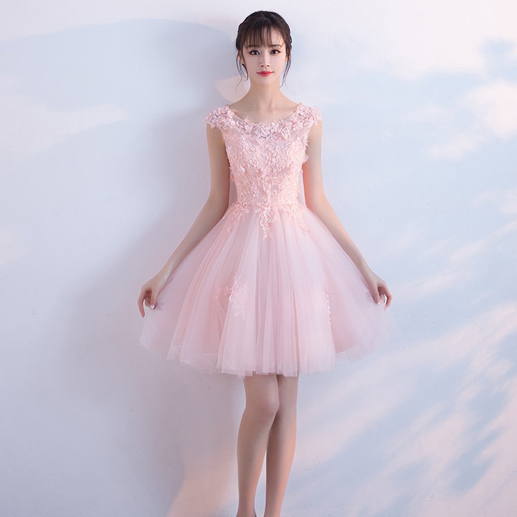 Short Homecoming Dress, Tulle Homecoming Dress, Applique Homecoming Dress, A-Line Junior School Dress, Sequin Graduation Dress, Pink Homecoming Dress, LB0522