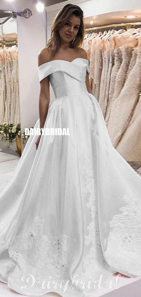 New Arrival Satin A-Line Wedding Dresses, Charming Applique Backless Wedding Gowns, FC566