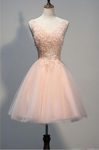 Blush Pink V Back Homecoming Dresses,2017 V-Neck Tulle Short Cocktail Dress Girls Graduation Gowns,220057