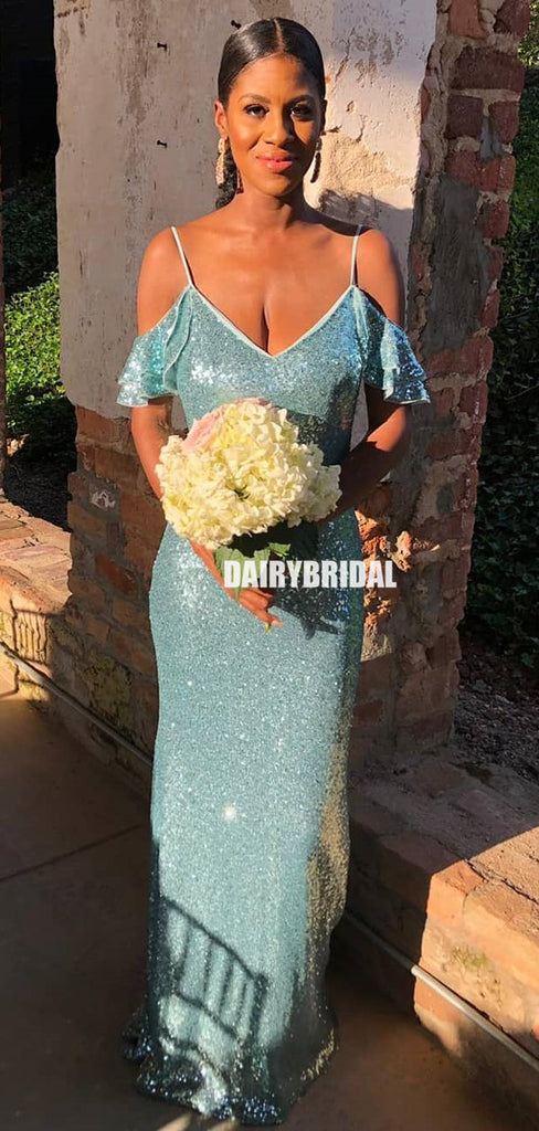 Off Shoulder Charming Spaghetti Straps Sequin Sparkle Mermaid Bridesmaid Dress, FC5802