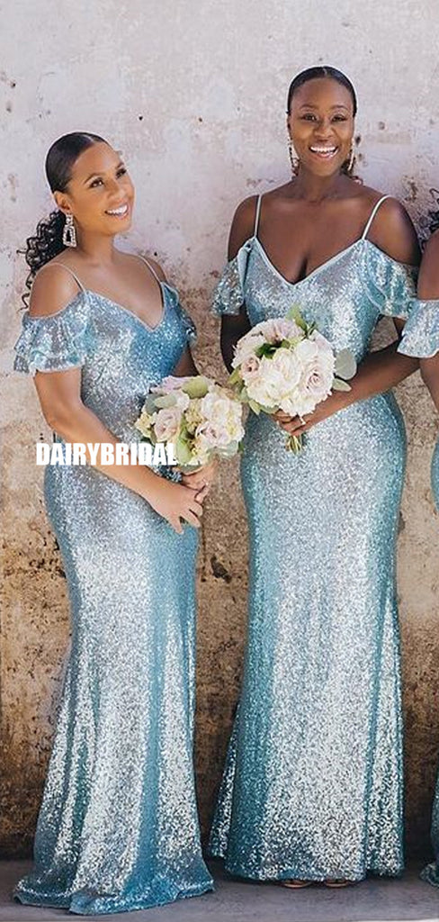 Off Shoulder Charming Spaghetti Straps Sequin Sparkle Mermaid Bridesmaid Dress, FC5802