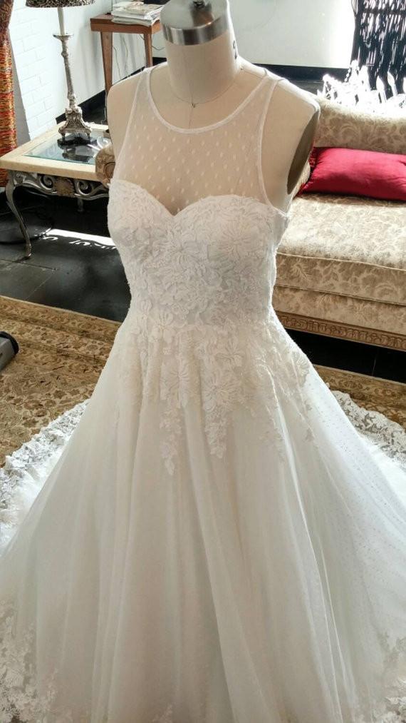 Charming Unique Round Neck Sleeves White Lace See Through Back Long Wedding Dress, WG627