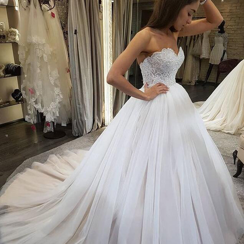 Charming Sweet Heart Beaded Wedding Dress, Honest Tulle A-Line Backless Wedding Dress, D636