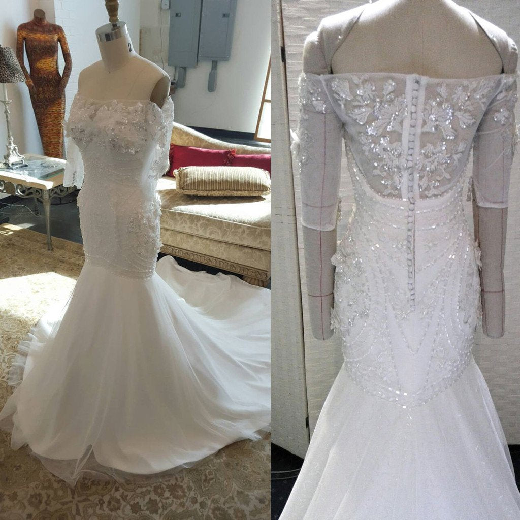 Gorgeous Beaded Long Sleeves Mermaid Straight Neck Long Bridal Wedding Dress Gown, WG637