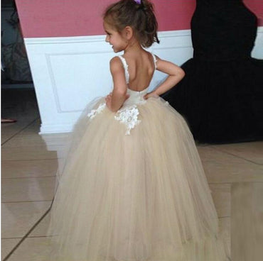 Tulle Applique Spaghetti Straps Backless Flower Girl Dresses, Lovely Tutu Dresses, FGS007