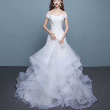 Long Wedding Dress, Gorgeous Wedding Dress, Off Shoulder Wedding Dress, Organza Bridal Dress, Sequin Wedding Dress, Applique Wedding Dress, Mermaid Wedding Dress, LB0716