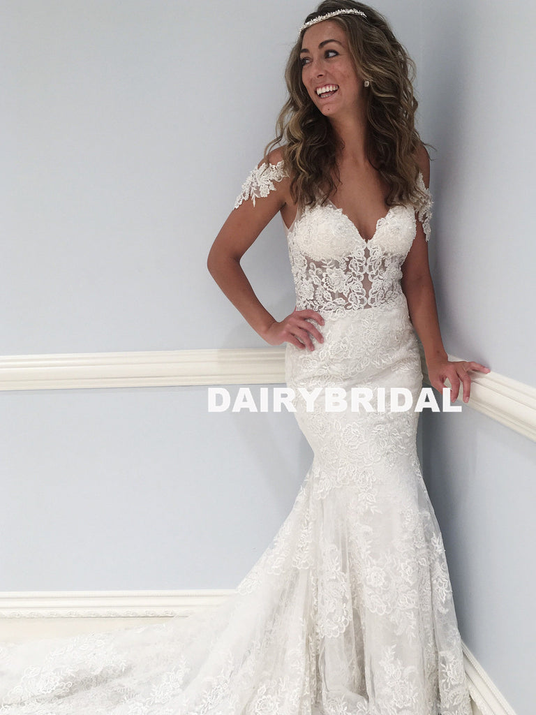 Mermaid Lace V-Neck Wedding Dress, V-Back Tulle Wedding Dress, D748