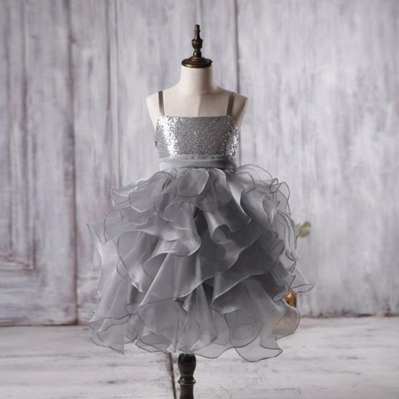 Dark Grey Sequin Organza Bustled Flower Tutu Dresses, Cheap Popular Flower Girl Dresses, FG053